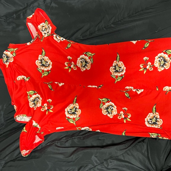 Coral/orange floral choker style, cold shoulder, mini dress. - Picture 2 of 3